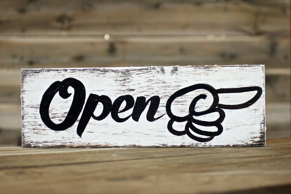 Open (with hand pointing right) — Hand Painted Sign